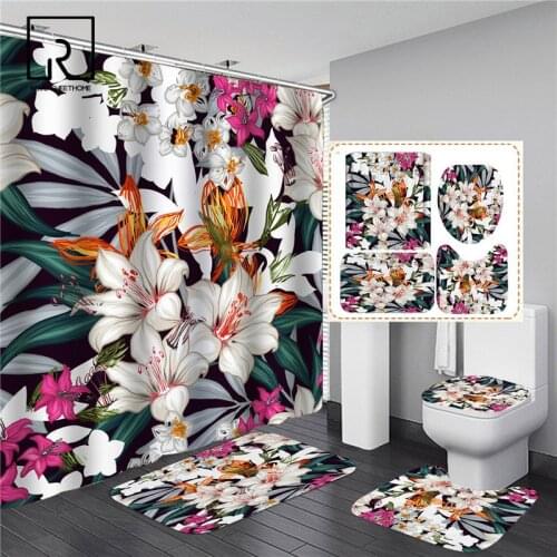White Flower Green Leaves Printed Shower Curtain Set 4 PCS Bathroom Carpet Cover Toilet Lid Mat Pad Pedestal Pad for Home Decor