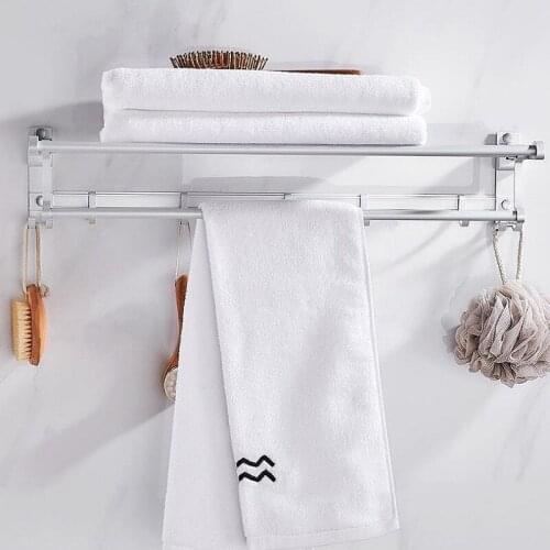 Punch free Wall-Mounted Shower Shelf Folding Movable Towel Shelf Bathroom Multifunctional Holder Storage Shelf Hook Aluminum