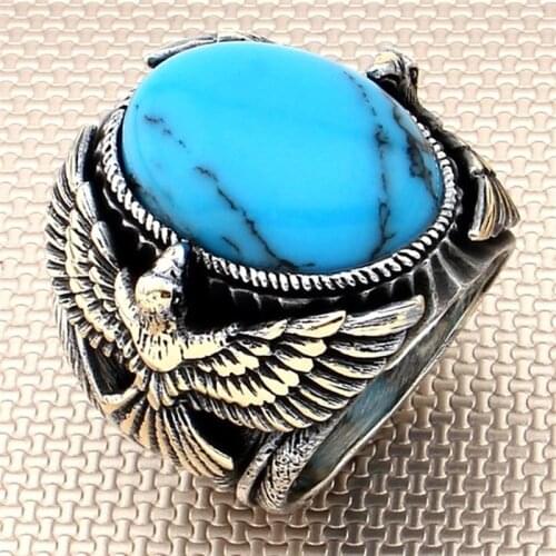 Real Pure 925 Sterling Silver Ring Men With Stone Turquoise Gemstone Gift For Him Mens Rings Handmade - Turkish Jewelry