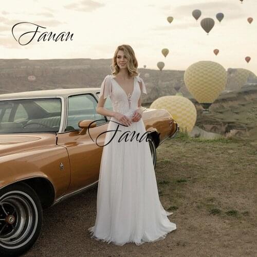 New Deep V-Neck Appliques Bow Wedding Dress Tulle A-Line Backless See-Through IIIusion Bridal Gown robe de soirée de mariage