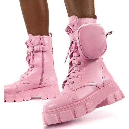 2021 Autumn Winter Bootie Pocket Buckle Strap Pink Chunky Boots Leather Patchwork Arrival Platform Boots Mid-calf Cross-tied