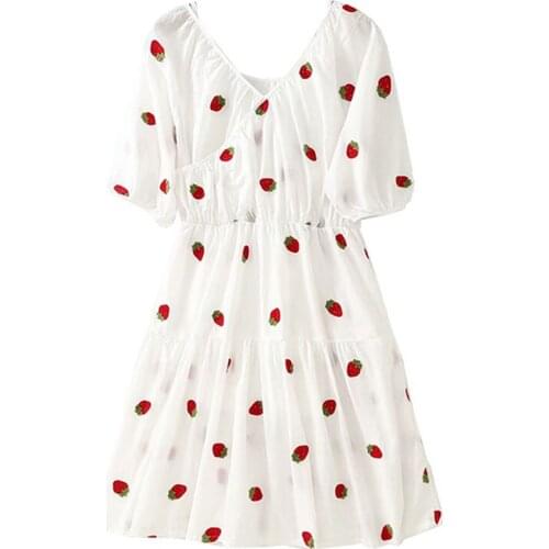 PERHAPS U White Strawberry V Neck Half Puff Sleeve Embroidery Two Pieces Set Dress Knee Length Sweet D1114