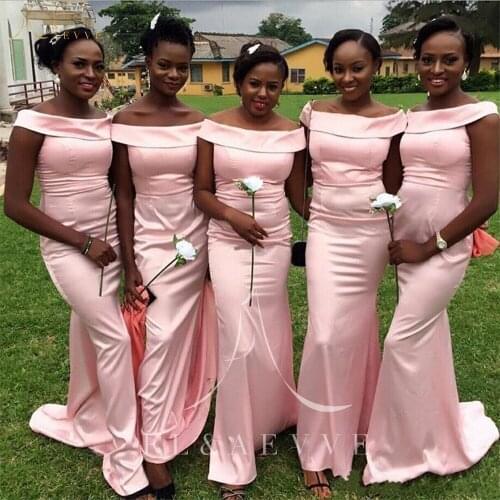 Simple Pink Elastic Satin Mermaid Bridesmaid Dresses African Women Occasion Gowns Boat Neck Wedding Party Dress Plus Size