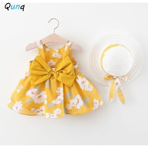 Qunq Flower Baby Girls Dress With Hat 2021 New Summer Sweet Infant Costume Big Bow 1 Year Birthday Party Newborns Dresses