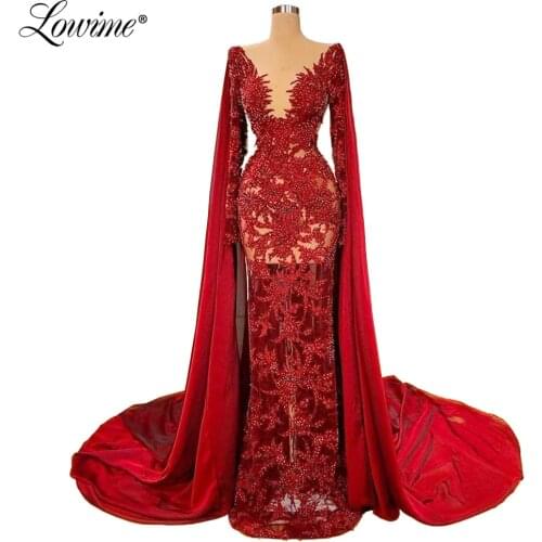 Luxury Muslim Lace Red Evening Dresses Long Sleeves Dubai Arabic Middle East Women Party Dress 2020 Robe De Soiree Prom Gown