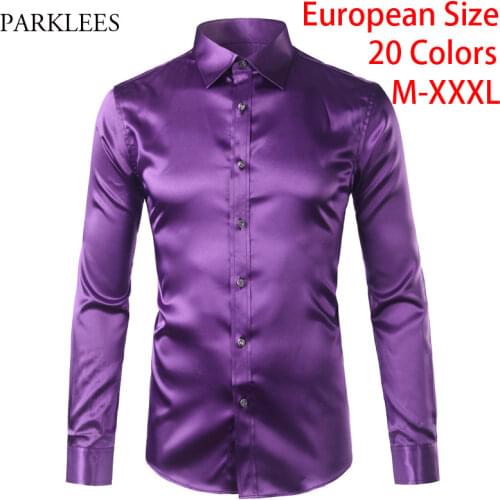 Luxury Shirt Men Silk Satin Smooth Mens Dress Shirts Casual Button Down Suit Shirts Party Ball Wedding Camisa Masculina M-XXXL