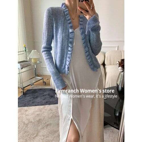 Firmranch 2021 Wool/ Mohair Blue Lacing Crochet Knit Cardigan Sweet Girls Vintage Sweater Shirt Breathable/Warm Franch Jacket