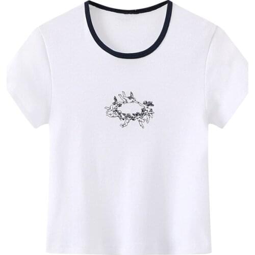 Slim Girls Soft Cotton Casual T-shirt 2021 Summer Fashion Ladies Office Women Angel White High Waist Short Top