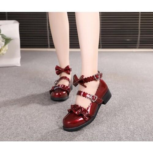 Meruru Low Heel Sweet Lolita Shoes Vintage Cute Bowknot Loving Heart Kawaii Cosplay Shoes British style