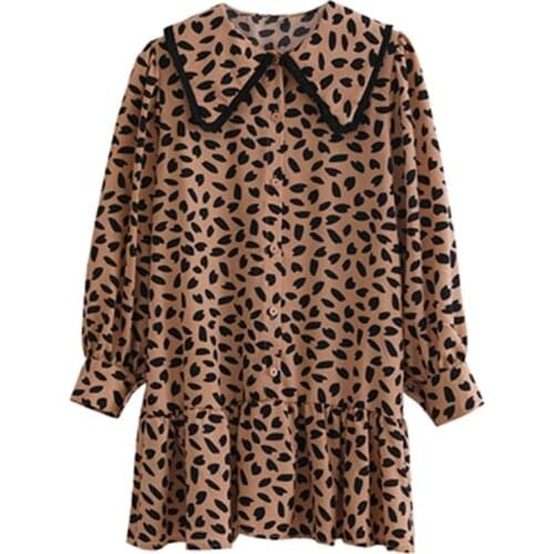 PERHAPS U Leopard Peter Pan Collar Long Sleeve Short Mini Loose Straight Ruffle Dress Button Autumn Winter D0857