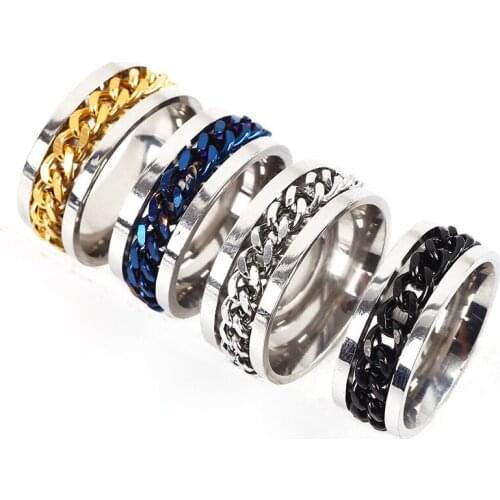 Hiphop Jewelry Titanium Steel Roman Numeral Twist Chain Rings Men Cuban Chain Rotating Ring Punk Style Rock Biker Ring Gift