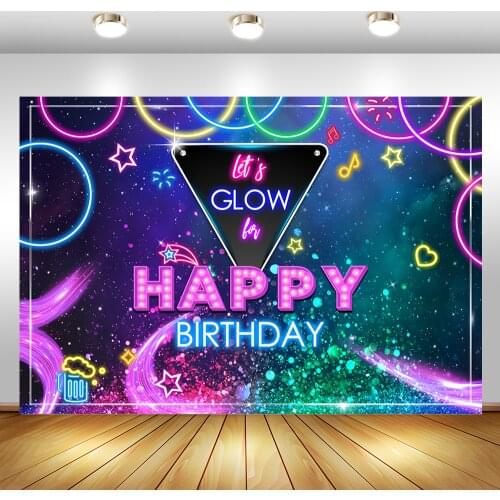 MOCSICKA Lets Glow Backdrop Happy Birthday Photography Background Neon Laser Party Decorations Banner Backdrops