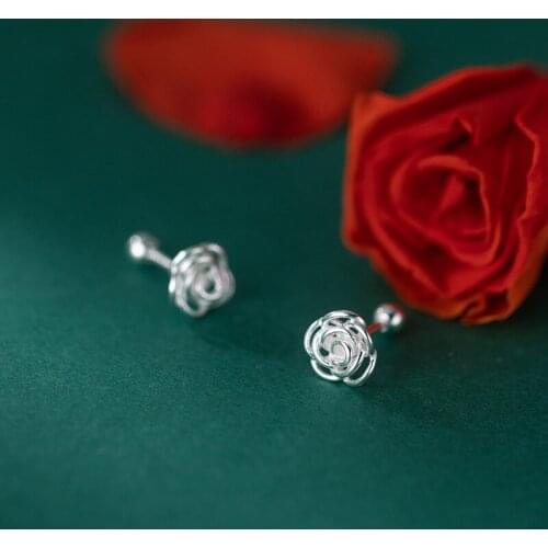 925 Sterling Silver Simple Hollow Rose Stud Earrings Female Personality Screw Back Bead Earring Fashion Jewelry