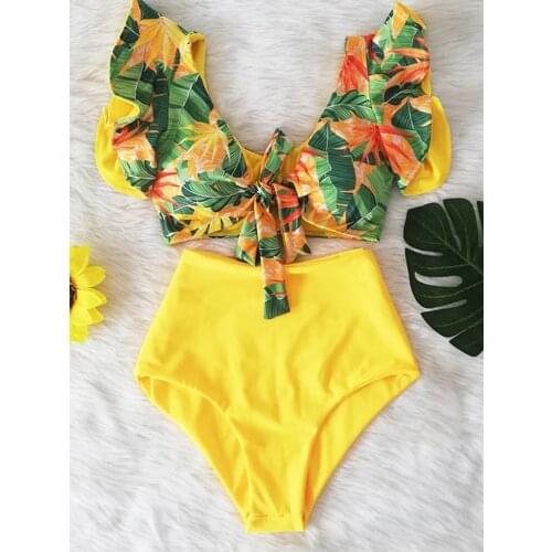 Floral Ruffled Hem Bikini Set Women Flora V-Neck High-Waisted Two Piece Swimsuit 2021 Girl Beach Bathing Suit Swimwear Biquinis
