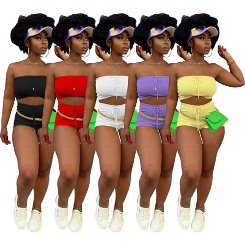 Women Fitness Sport Drawstring Two Piece Set Strapless Crop Top + Shorts Jogger Sweatpants Tracksuit Matching Set Women Clothes