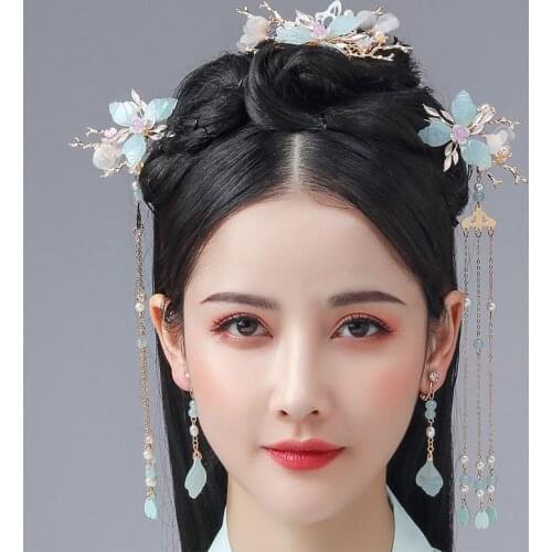 FORSEVEN Women Girls Chinese Hanfu Dress Cosplay Hair Jewelry Crystal Pearls Tassel Flower Hair Combs Hairpins Clips Hair Fork