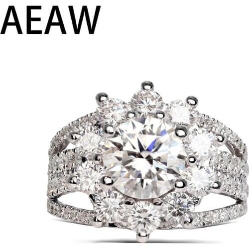 Solid 14K White gold 2.5Ctw Center 6mm Moissanite Engagement Flower halo Ring For Women
