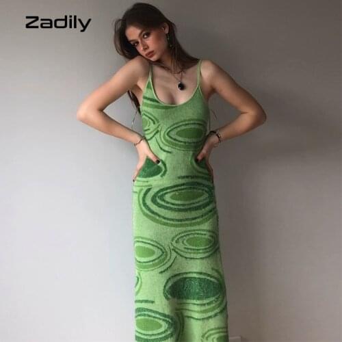 Zadily 2021 Autumn Women Y2K Hollow Out Sexy Sleeveless Spaghetti Strap Midi Dresses Print Knit Bodycon Dress Party Clothing