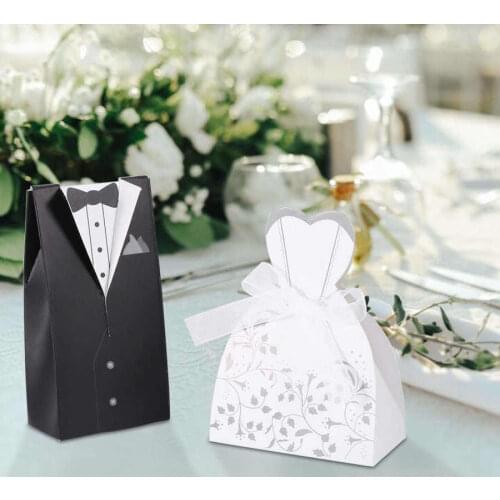 100Pcs Bridal Gift Cases Groom Tuxedo Dress Gown Ribbon Elegant Romantic Wedding Favors Candy Box Sugar Case Wedding Decoration
