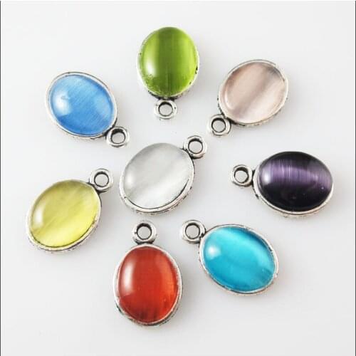 16Pcs Mixed Retro Tibetan Silver Stone Oval Charms Pendants 9.5x14.5mm