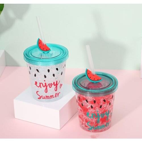 350ml Summer Watermelon Ice Cup Double-layer Straw Plastic Cup Refrigeration Broken Ice Cup Cute Water Bottle Drinkware