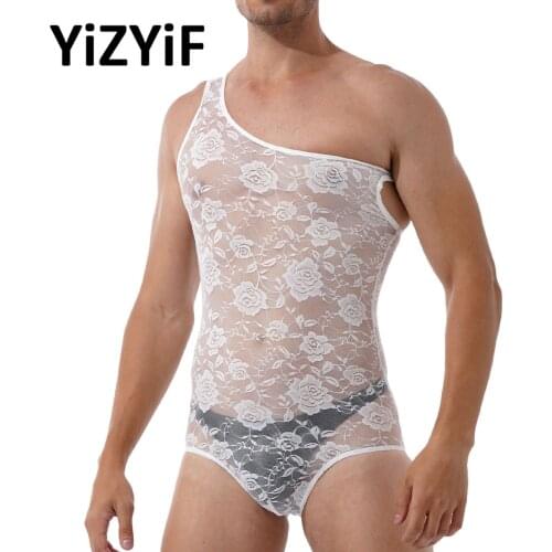 Men Sissy Bodysuit Sexy Sheer Lace Lingerie Floral Sleeveless Singlet Crossdresser One Piece Nightwear