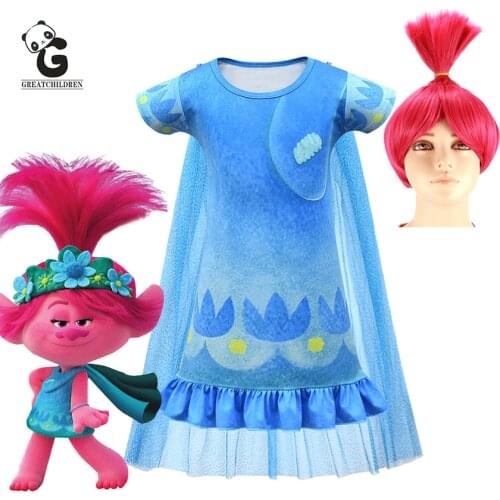 Trolls 2 Dress for Girls Trolls Poppy Costumes Girls Dresses Halloween Costumes for Kids Cloak Carnaval Fancy Dress Girl Wig