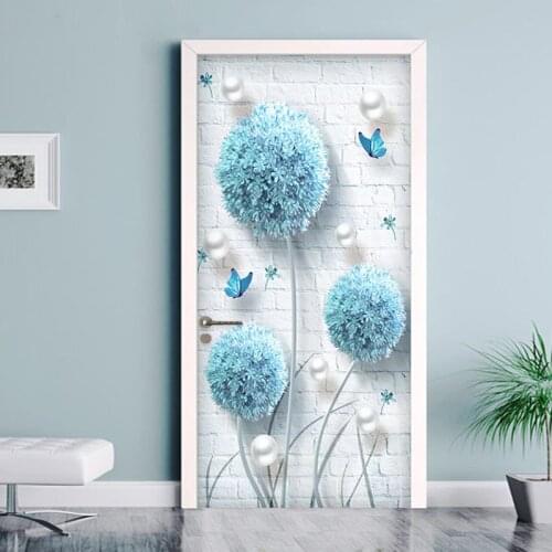 Door Sticker 3D Stereo Blue Dandelion Jewelry Wallpaper Living Room Bedroom Home Decor PVC Self-Adhesive Waterproof Door Decals