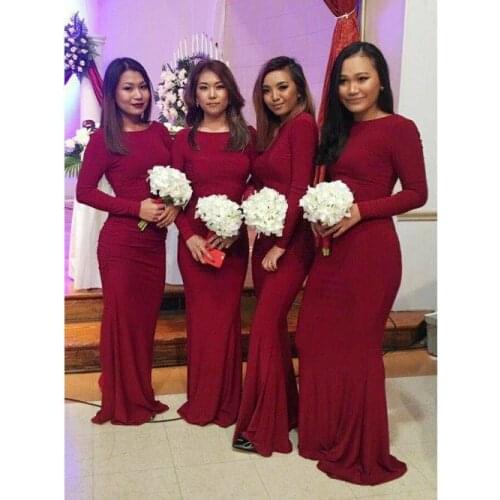 Elegant Satin Mermaid Burgundy Bridesmaid Dresses Long Sleeve Floor Length Custom Made Zipper Formal Wedding Party Dresses