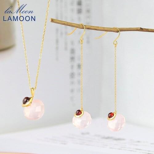 LAMOON 925 Silver Gemstone Jewelry Set For Women Crystal Ball Natural Big Rose Quartz Garnet 14K Gold Plated Fine Jewelry V091