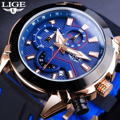 LIGE Fashion Luxury Brand Blue Black Men Quartz Watch Waterproof Silicone Band Chronograph Sport Watches Luminous Date Clock