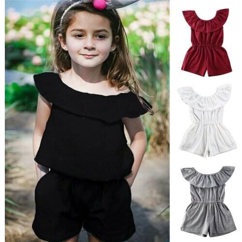 Toddler Baby Girl Fashion Casual Ruffle Sleeveless Romper Jumpsuit Summer Kids Off Shoulder Pocket Solid Playsuit