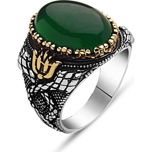 925 sterling Silver Green Agate Stone Men 'S Ring