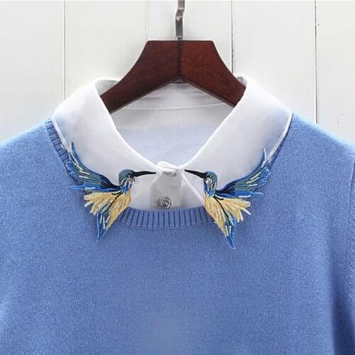 Women Shirt Fake Collar Tie Fashion Heavy Bird Embroidery Crystal Sewing Detachable Collar False Collar Lapel Blouse Top Women