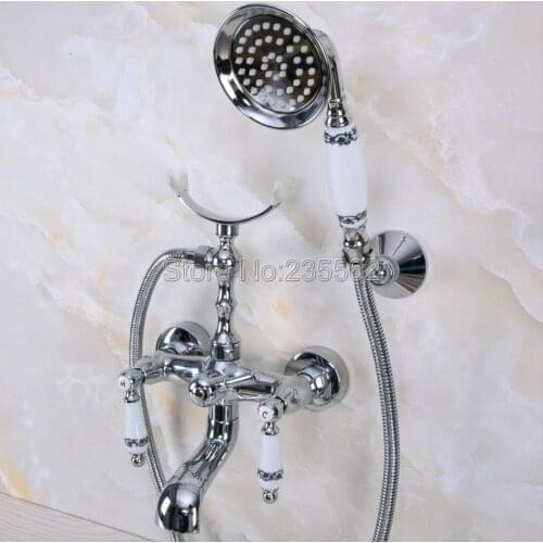 Wall Mount Chrome Clawfoot Bath Tub Mixer Tap Faucet Handheld Shower lna239