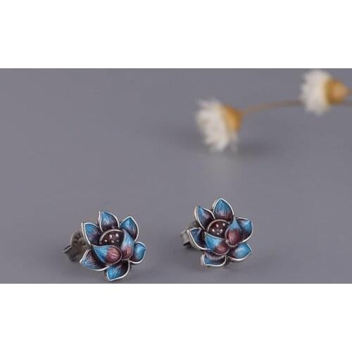 Original design cloisonne enamel porcelain lotus earrings Chinese retro craftsmanship elegant charm womens silver jewelry