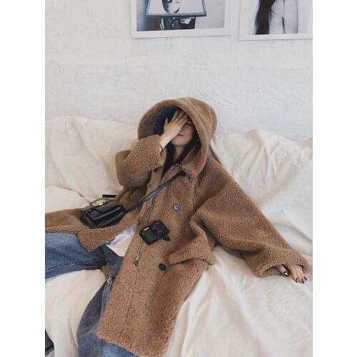 Sheep Shearling Fur Coat Female Hooded Long Coat 2020 Winter Jacket Women Real Wool Coats Suede Liner Abrigo Mujer MY