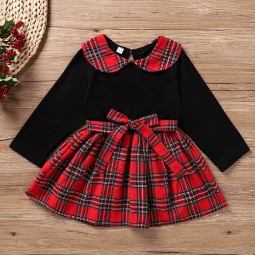 PatPat 2021 New Spring Baby Girl Bowknot Plaid Long-sleeve Dress for Toddler Girl Dress Clothes
