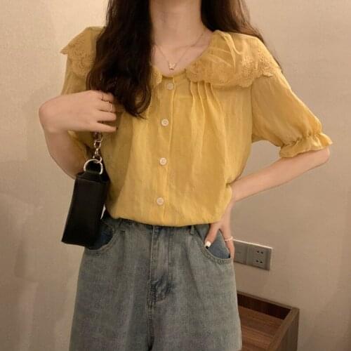 Chiffon Shirt Ladies Summer Short Sleeve Design Sense Niche Age Reduction Shirt Lace Doll Collar Cropped Top