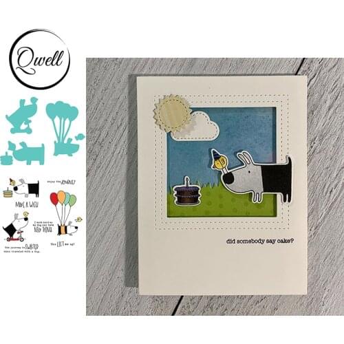 QWELL Cutting Dies With Clear Stamps Set Animal Dogs Colorful Balloon Make A Wish Words DIY Scrapbooking Making Template 2020