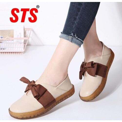STS Womens Casual Flats Shoes Fashion Bow-knot Leather Espadrilles Light Soft Slip-On Platform Comfortable Loafer Footwear