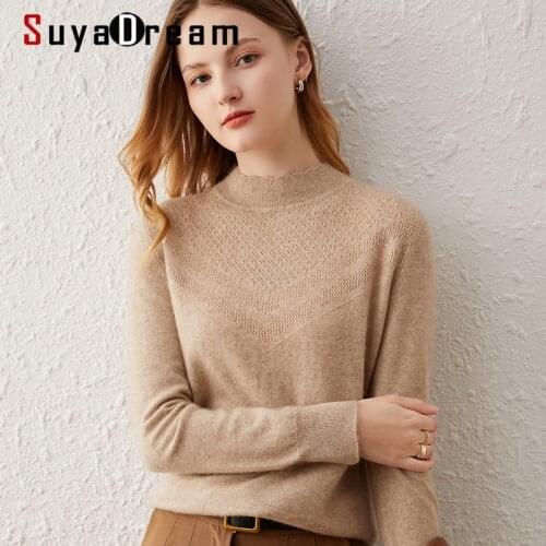 SuyaDream Women Sweaters 65%Cashmere 35%Wool Mock Neck Pullovers 2021 Fall Winter Warm Sweaters for Woman Pink