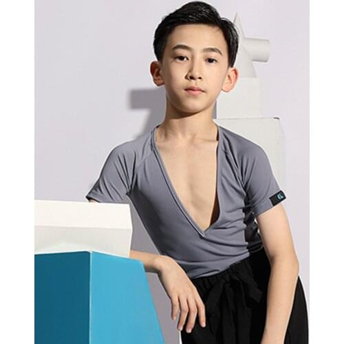 2021 New G5055 Short Sleeve Kids Latin Dance Tops Deep V Neck Design Male Latin Dancing Tops Belly Ballroom Tango Dresses