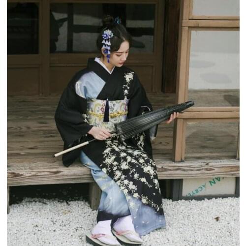 Black Japanese woman kimono Formal robe Traditional kimono