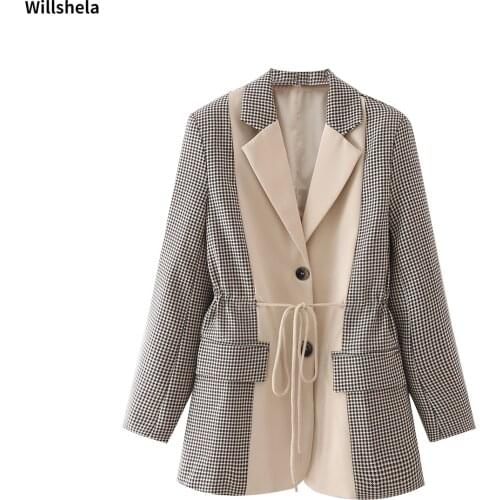 Willshela Women Fashion With Pockets Single Breasted Patchwork Blazer Notched Neck Long Sleeve Vintage Female Coats Chic Tops