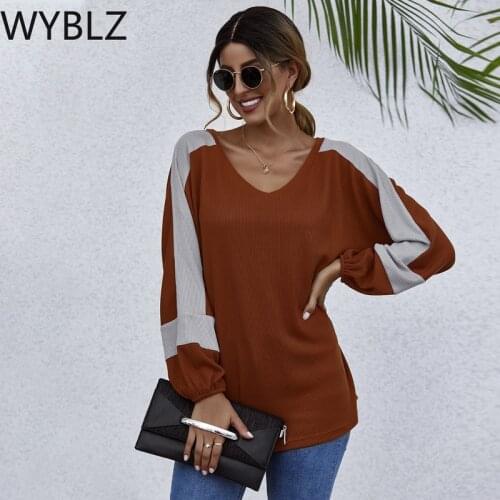 WYBLZ Loose V-neck T-shirt Stitching Slim Temperament Mid-length Long Sleeve Top 2021 Spring and Autumn New Womens Clothing