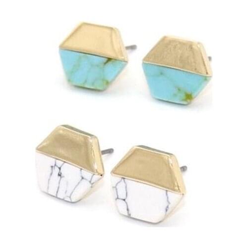 Hexagon White Green Kallaite Stone Stud Earrings Gold Color Brincos Pendientes Jewelry for Women