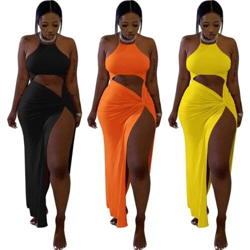 New 2021 Women Dress Solid Halter Hollow Outs Asymmetrical Long Splited Dresses Sexy Night Club Party Vestidos Fashion Outfits