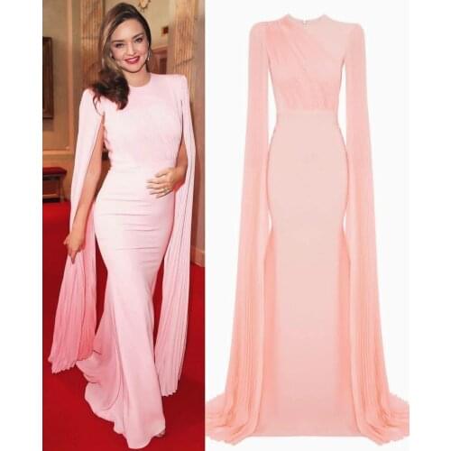 Elegant Long Pink Pleated Mermaid Celebrity Dresses with Sleeve Satin O-Neck Floor Length Abendkleider Robes de Soirée for Women
