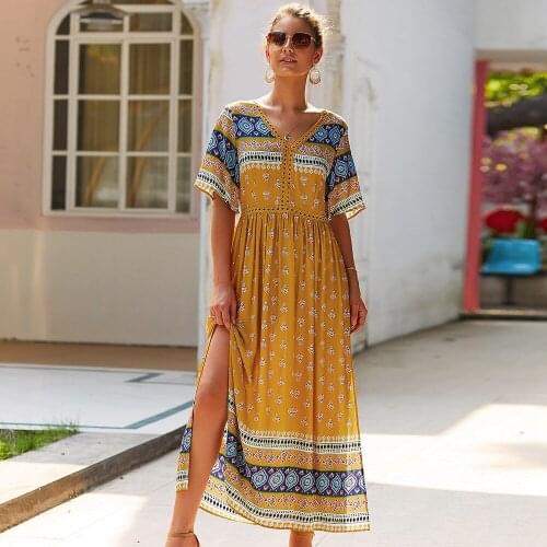 Ladies Elegant Bohemian Summer Long Dress Women 2021 New V Neck Half Sleeve Print Split Slim Dress